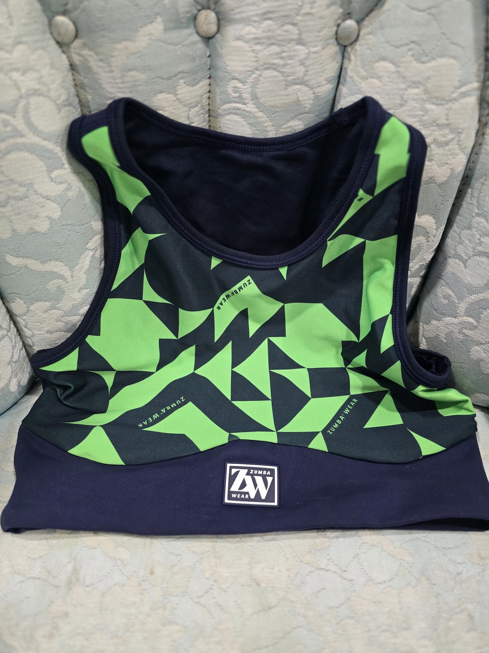 Zumba Wear Navy & Lime Green Geometric Sports Bra Tank Reversible S EUC